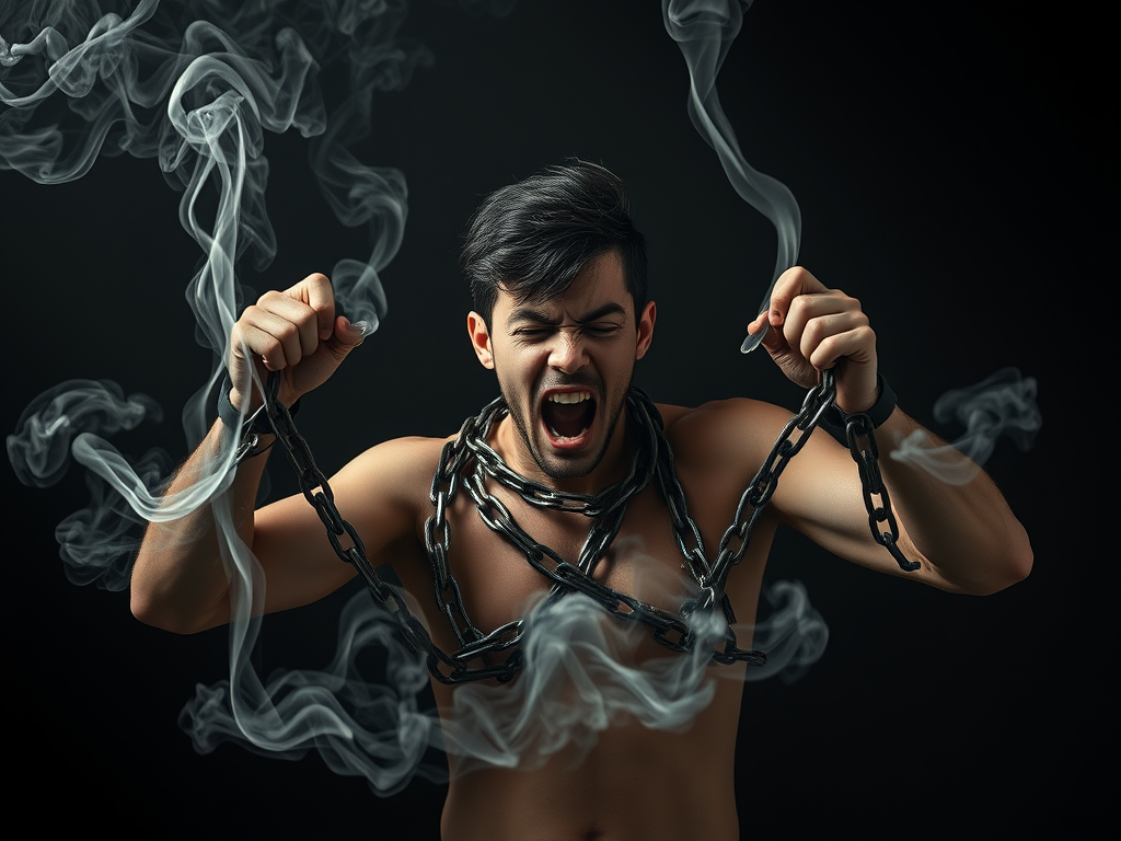 A person trapped in chains made of smoke, struggling to break free, symbolizing the mental and physical battle of quitting addiction.