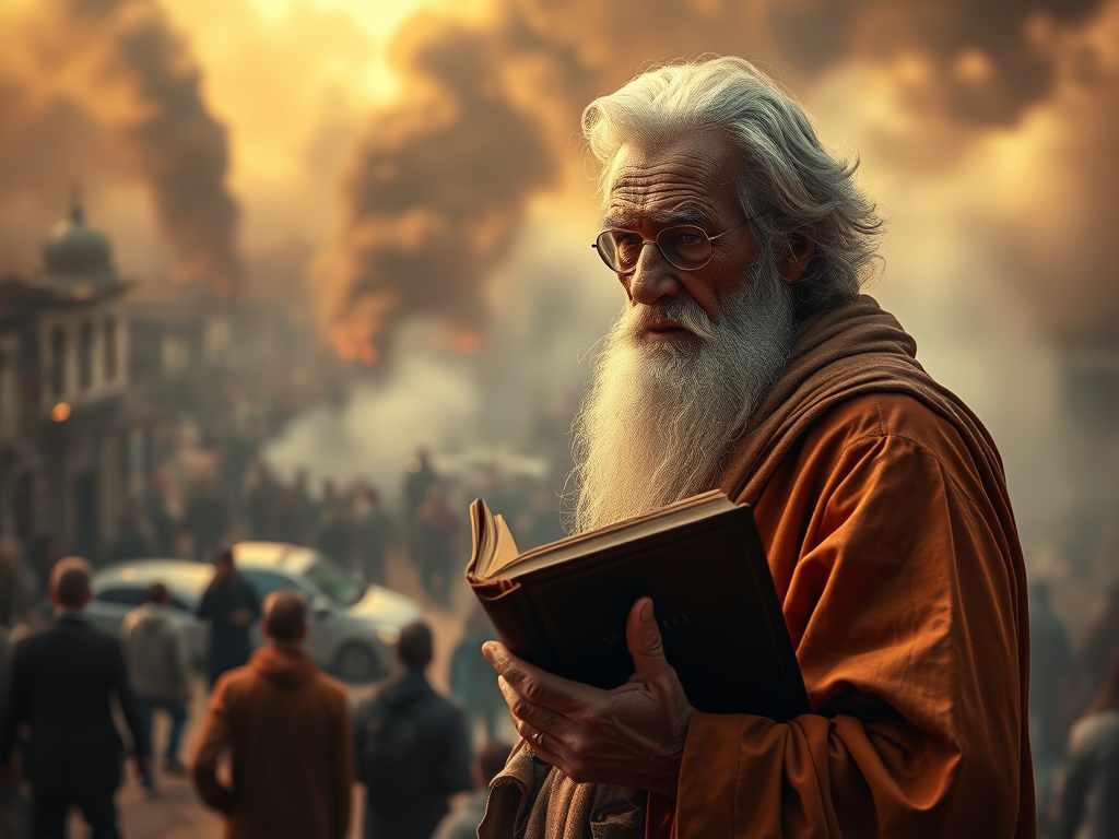 A wise elder holding a Bible, looking over a city where people are lost in smoke and confusion, showing the contrast between wisdom and intoxication.
