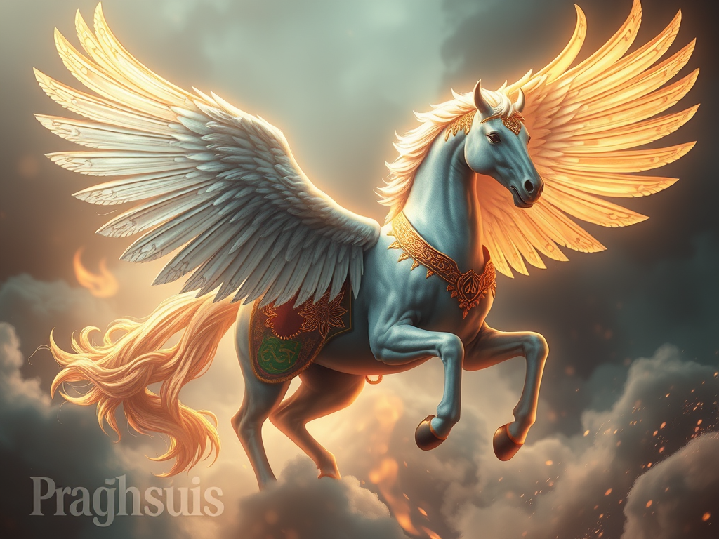 The Spiritual Meaning of Pegasus: A Mystical Guide Across Cultures 7 Image Prompt:
Pegasus appearing in various cultural depictions—Greek, Persian, and Celtic representations in a mystical setting.