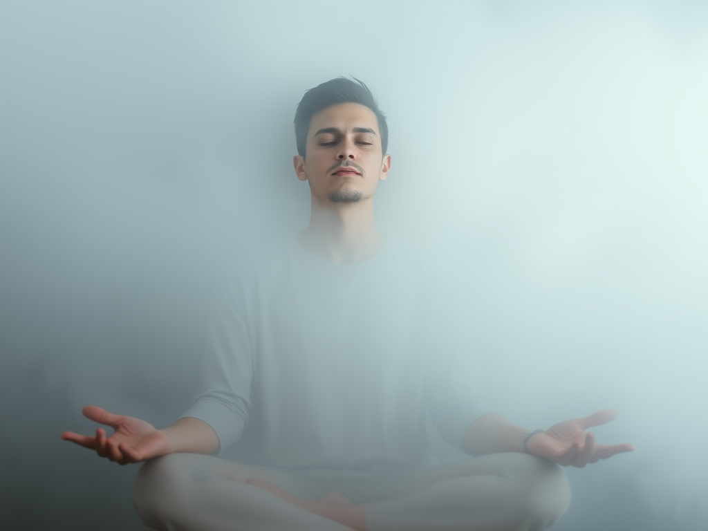 Introspection & Inner Reflection: A person sitting in meditation, surrounded by dense fog, symbolizing deep thought.