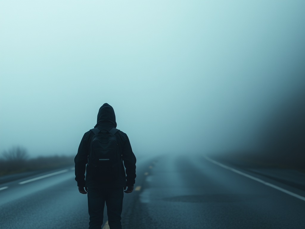Mystery & Uncertainty Section: A lone traveler standing on a foggy road, looking into the unknown.