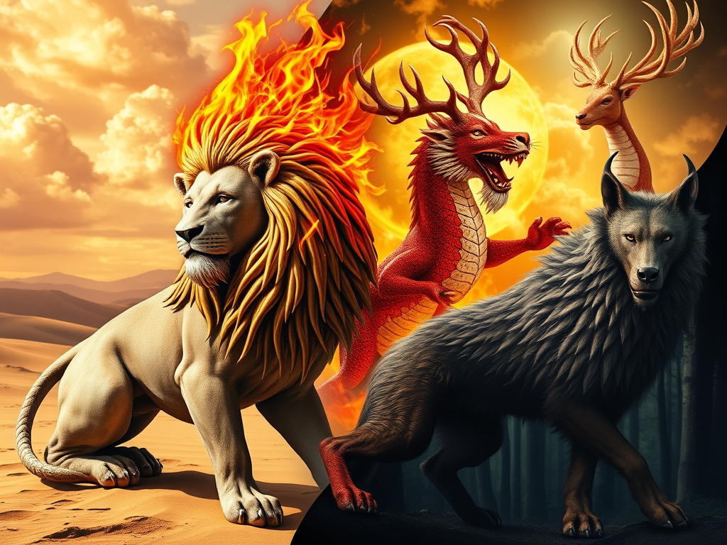 The Spiritual Meanings of Chimera in Mythology: Complexity and Duality 6 Section 2: Chimeric Beings Across Cultures
"A collage of different chimeric beings from world mythology: the Egyptian Sphinx with a human face and lion’s body sitting in the desert; the Hindu Narasimha, a half-lion, half-man deity surrounded by divine flames; the Chinese Qilin, a dragon-deer hybrid standing gracefully amidst golden clouds; and the Norse Fenrir, a giant wolf hybrid emerging from the shadows of a mystical forest."