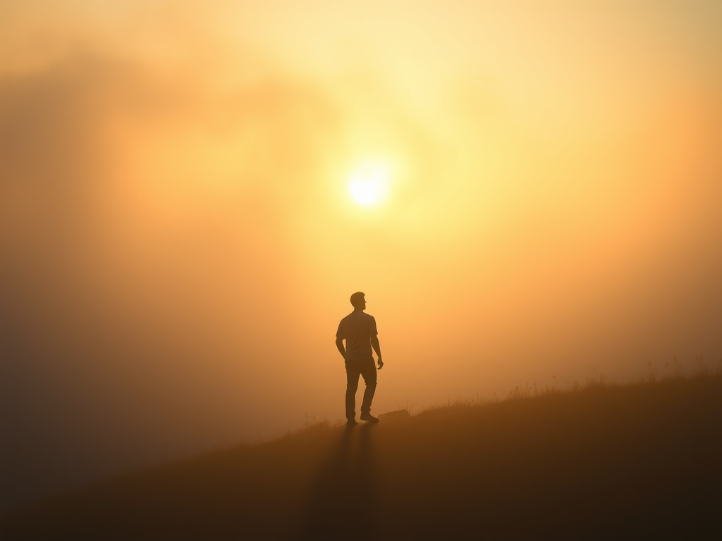 Transformation Through the Fog: A silhouette of a person emerging from thick fog into a sunlit landscape, representing personal and spiritual growth.