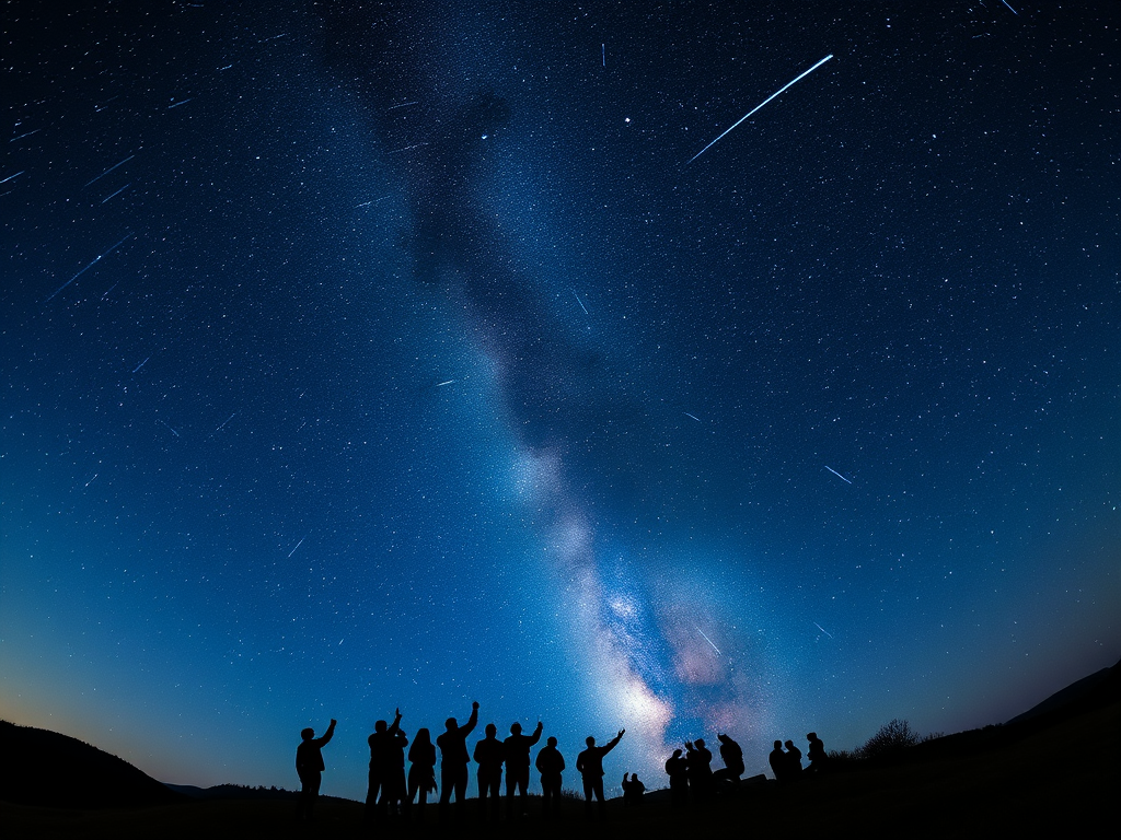 The Spiritual Meanings of Shooting Stars: Wishing and Fleeting Clarity 4 1. The Universal Fascination with Shooting Stars
A panoramic view of the Milky Way with multiple shooting stars streaking across the sky. A group of people on a hilltop stargazing, some pointing at the celestial event in amazement.