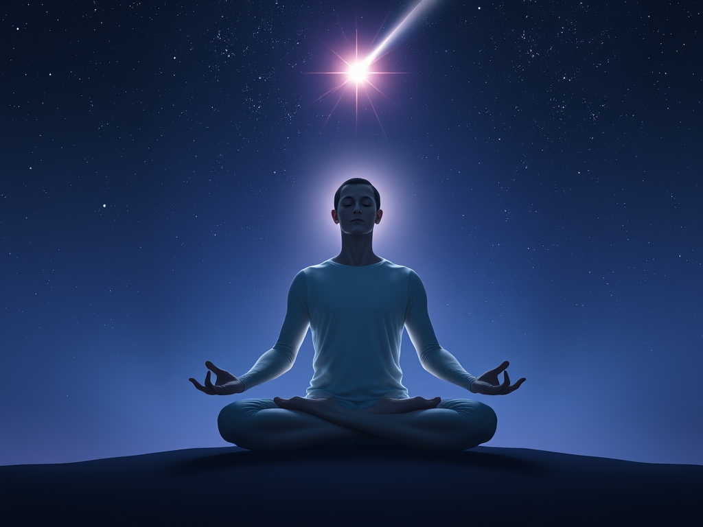 The Spiritual Meanings of Shooting Stars: Wishing and Fleeting Clarity 16 10. How to Spiritually Align with Shooting Star Energy
A meditative figure sitting cross-legged under a night sky, absorbing the energy of a shooting star, with a glowing aura surrounding them.