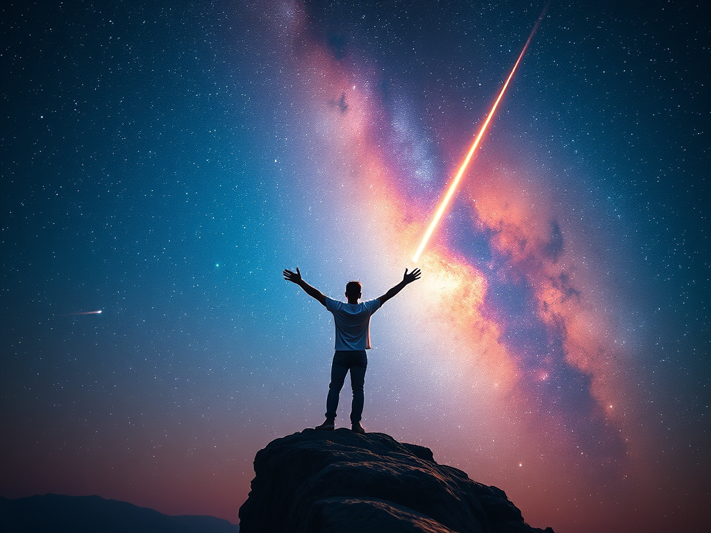 The Spiritual Meanings of Shooting Stars: Wishing and Fleeting Clarity 18 14. Final Thoughts and Call to Action
A vibrant, inspiring scene with a figure standing on a cliff, arms outstretched toward a night sky full of stars, with a single shooting star symbolizing cosmic connection and new beginnings.