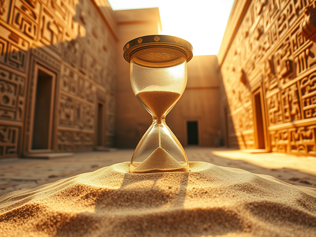 3. Hourglasses in Different Cultures and Mythology 🌍
🏺 Ancient Egypt: The Sands of Time
Image Prompt: An ancient Egyptian-style hourglass with sand shaped like the Eye of Horus, resting beside hieroglyph-covered temple walls, glowing under the desert sun.