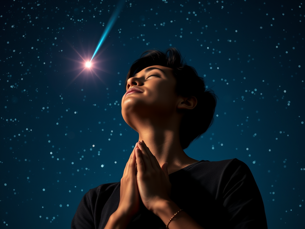 The Spiritual Meanings of Shooting Stars: Wishing and Fleeting Clarity 6 3. The Power of Wishing on a Shooting Star
A person standing with hands clasped, eyes closed, and a hopeful expression, making a wish under a star-filled sky with a bright meteor passing above.