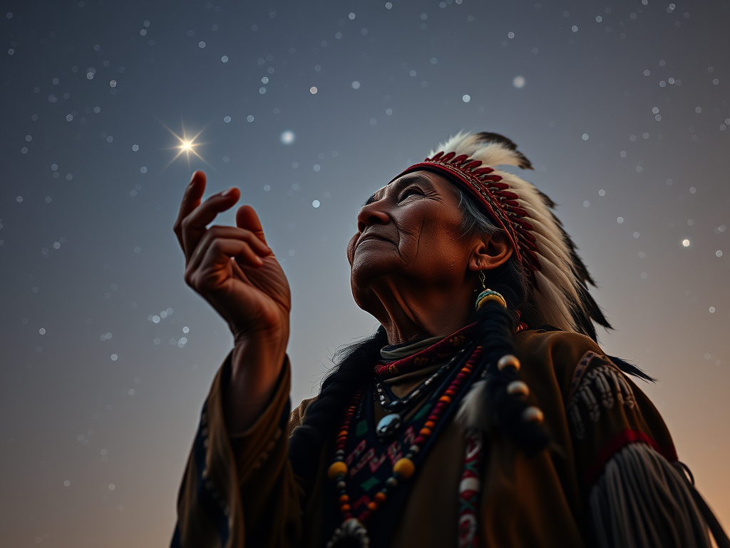 The Spiritual Meanings of Shooting Stars: Wishing and Fleeting Clarity 7 4. Shooting Stars in Various Cultures
Native American Beliefs
A Native American elder, dressed in traditional attire, gazing at the sky while a shooting star passes, symbolizing ancestral spirits and celestial guidance.