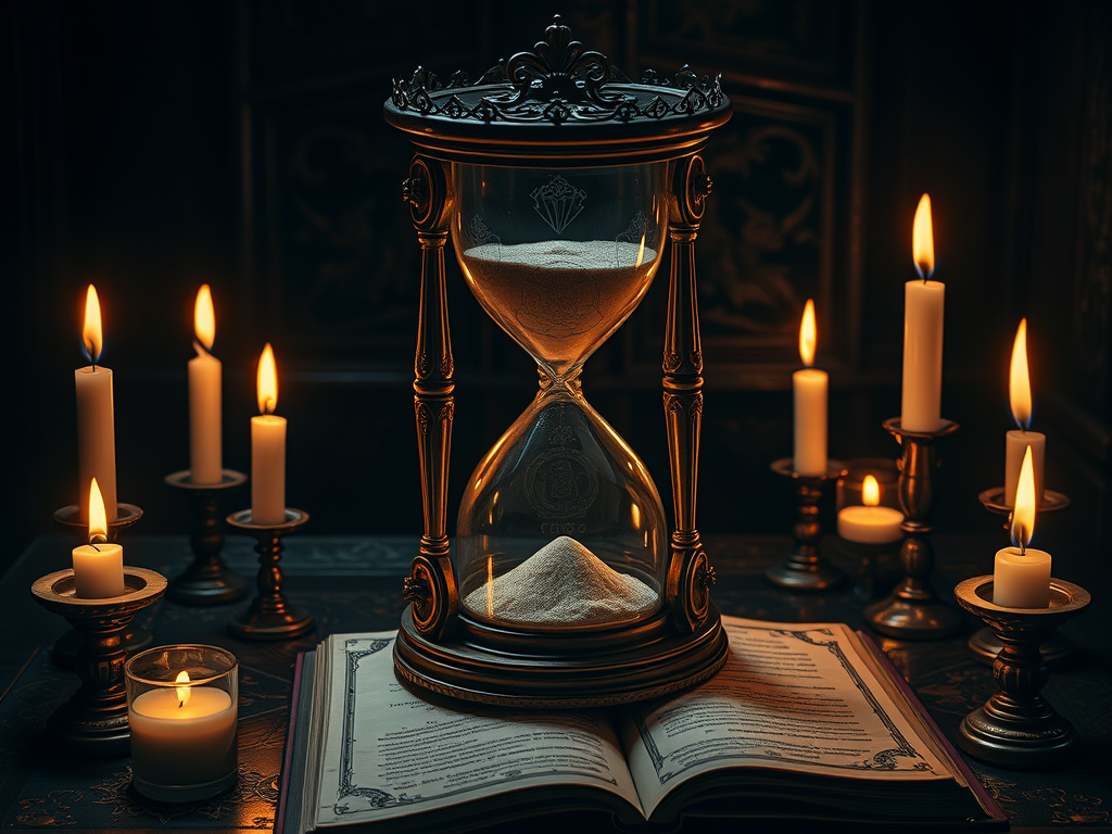 5. Hourglass Symbolism in Esoteric & Occult Teachings
Image Prompt: A mystical, ornate hourglass with arcane symbols engraved on the glass. It is placed on an ancient altar, surrounded by burning candles and an open grimoire.