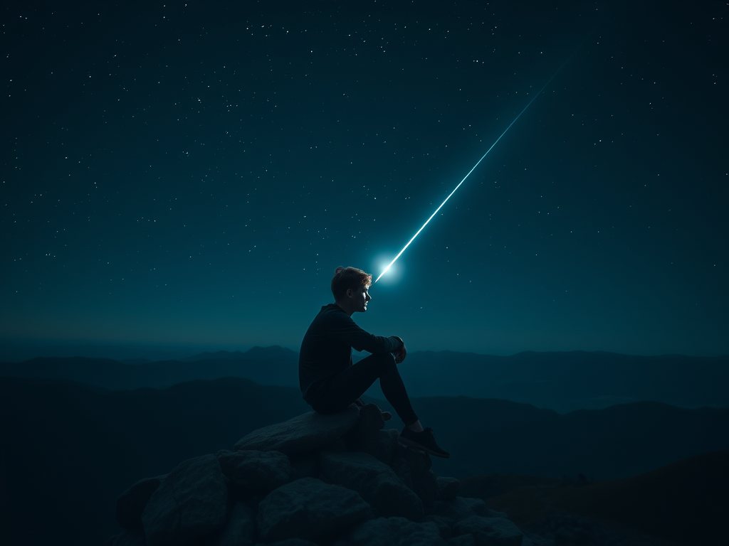 The Spiritual Meanings of Shooting Stars: Wishing and Fleeting Clarity 12 5. Shooting Stars and Fleeting Clarity
A person sitting on a mountaintop at night, a shooting star illuminating their face, symbolizing sudden insight and the fleeting nature of cosmic wisdom.