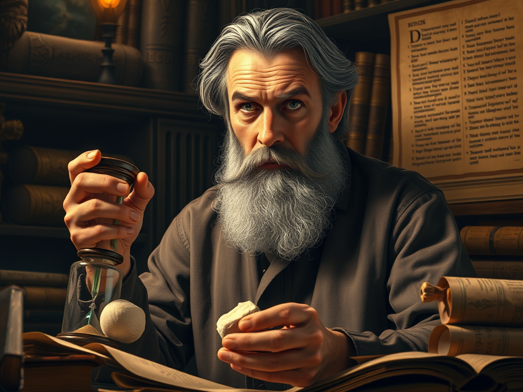 6. Lessons from the Hourglass: Stoic and Philosophical Perspectives
Image Prompt: A philosopher in a dimly lit study, contemplating an hourglass in their hands while ancient scrolls and books on time and wisdom surround them.

