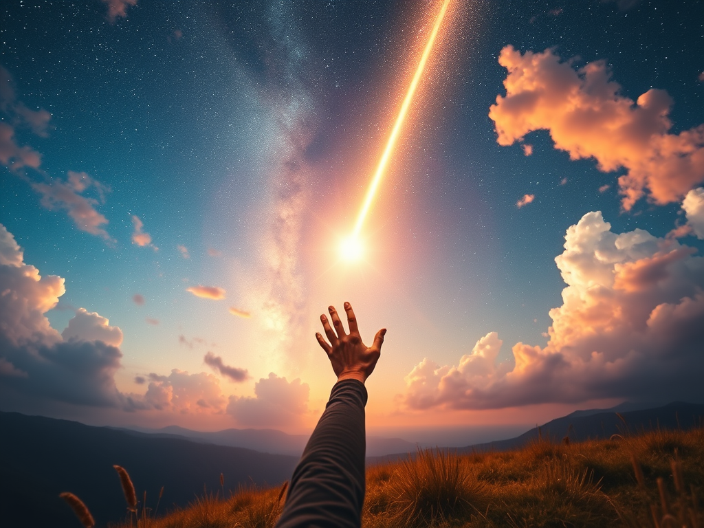 The Spiritual Meanings of Shooting Stars: Wishing and Fleeting Clarity 14 7. Shooting Stars in Dreams and Their Meaning
A dreamlike landscape where a person reaches out toward a brilliant shooting star in a surreal sky, symbolizing subconscious guidance and spiritual awakening.