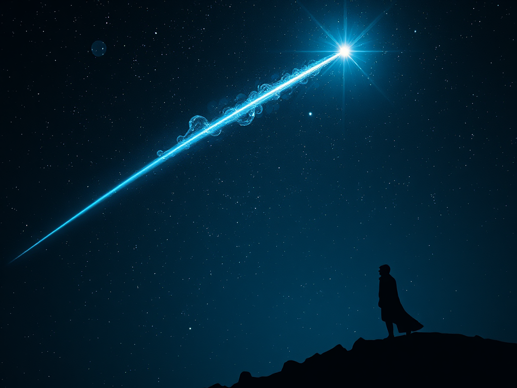 The Spiritual Meanings of Shooting Stars: Wishing and Fleeting Clarity 15 8. Are Shooting Stars Omens or Messages?
A celestial balance between light and shadow, depicting a shooting star crossing the sky as a mysterious figure observes, symbolizing the dual nature of omens and blessings.