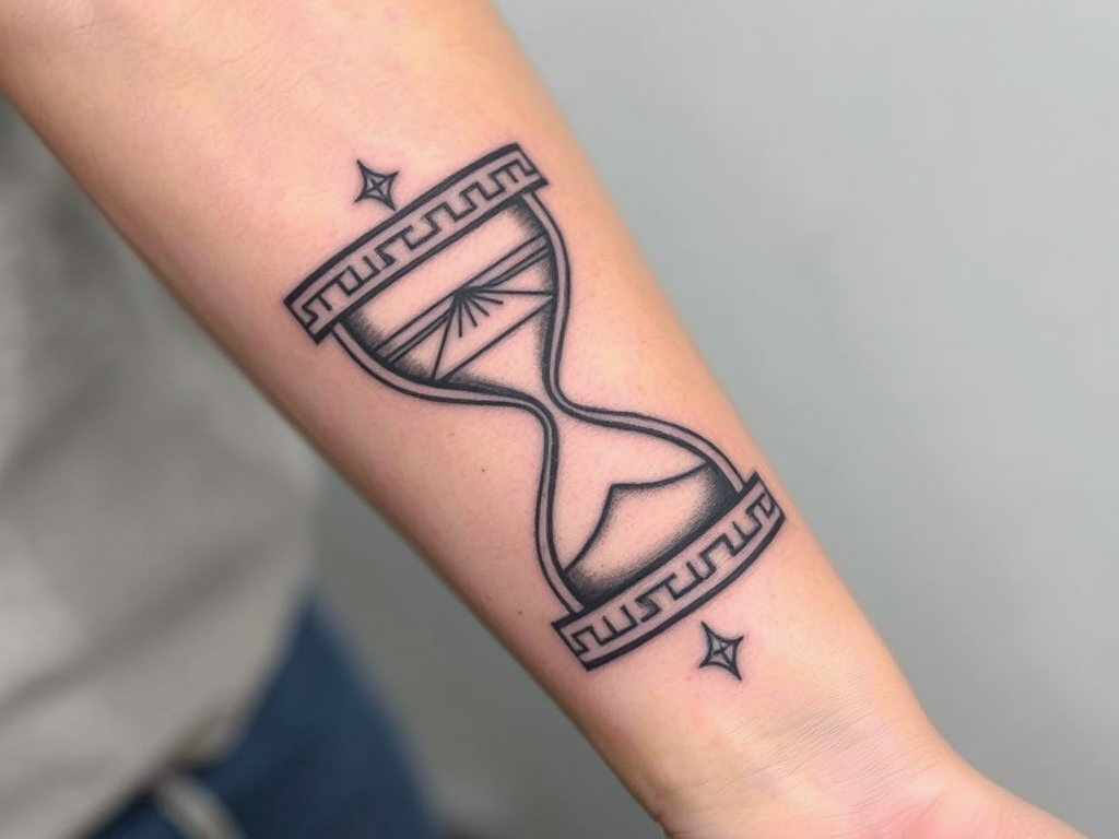 8. Frequently Asked Questions (FAQ)
🤔 What does an hourglass tattoo symbolize?
Image Prompt: A close-up of a detailed hourglass tattoo on someone’s forearm, with intricate sand designs forming sacred geometric shapes.