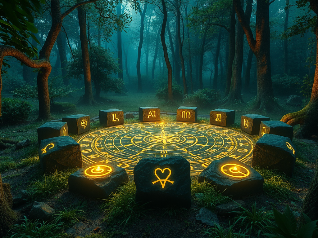 The Spiritual Meanings of Ancient Runes: Wisdom and Divination 3 A mystical glowing rune stone circle in an enchanted forest, with ancient symbols etched into the stones, radiating spiritual energy