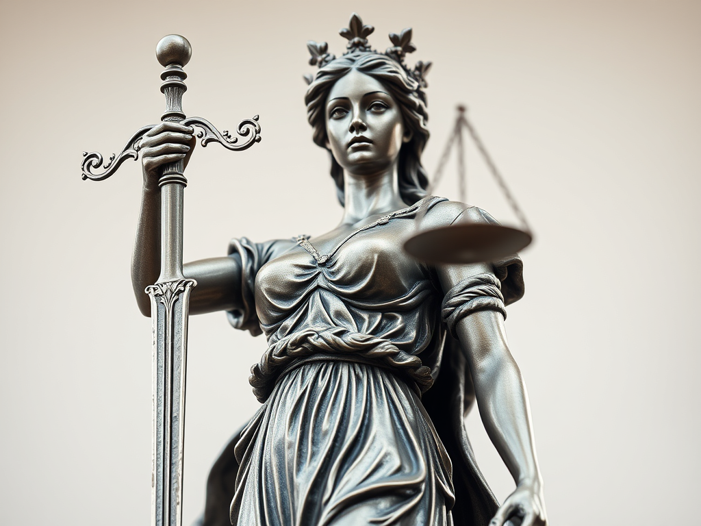 🗡️ The Spiritual Meaning of Swords: Justice, Clarity, and Power Across Cultures 6 A statue of Lady Justice holding a shining sword, with an aura of righteousness surrounding it.