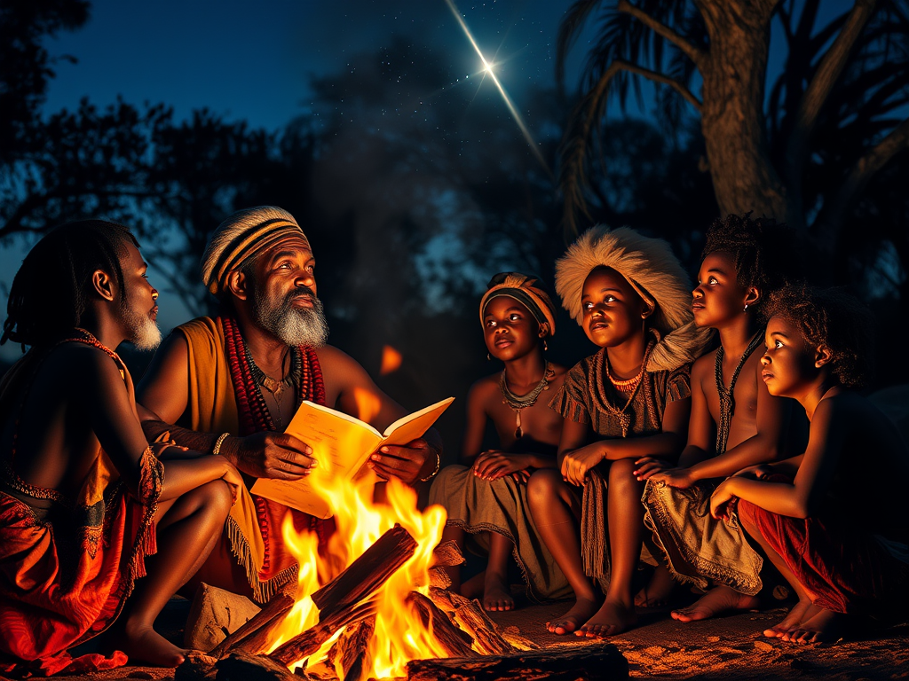 The Spiritual Meanings of Shooting Stars: Wishing and Fleeting Clarity 10 A tribal storyteller sitting by a fire, surrounded by children, as they look up at a shooting star, symbolizing wisdom and ancestral spirits in African mythology.