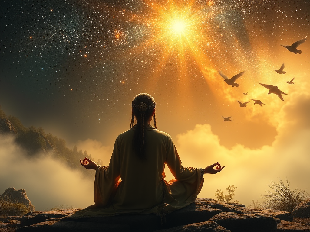 Ancestral Wisdom in the Stars
"A serene, mystical setting where a spiritual seeker meditates under a canopy of stars. Ancestral spirits, dressed in ancient attire, subtly emerge from the constellations, whispering wisdom. The cosmic scene glows with soft golden hues, symbolizing divine ancestral connection."

