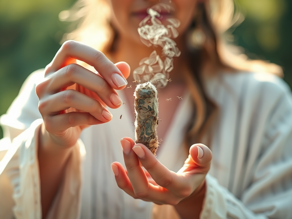 Energy Cleansing & Spiritual Purification: A spiritual practitioner using sage, with tiny mites representing negative energy leaving.