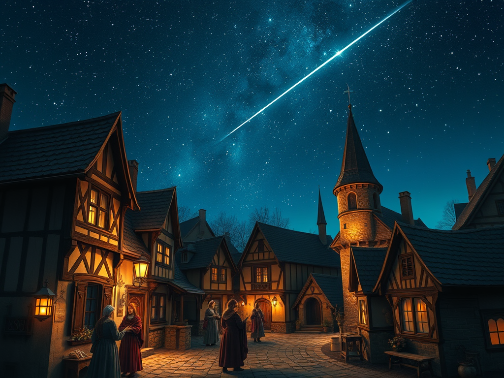 The Spiritual Meanings of Shooting Stars: Wishing and Fleeting Clarity 11 European Mythology and Superstitions
A medieval European village under a deep blue night sky, with townsfolk making wishes as a shooting star blazes across, evoking ancient superstitions of fortune and fate.