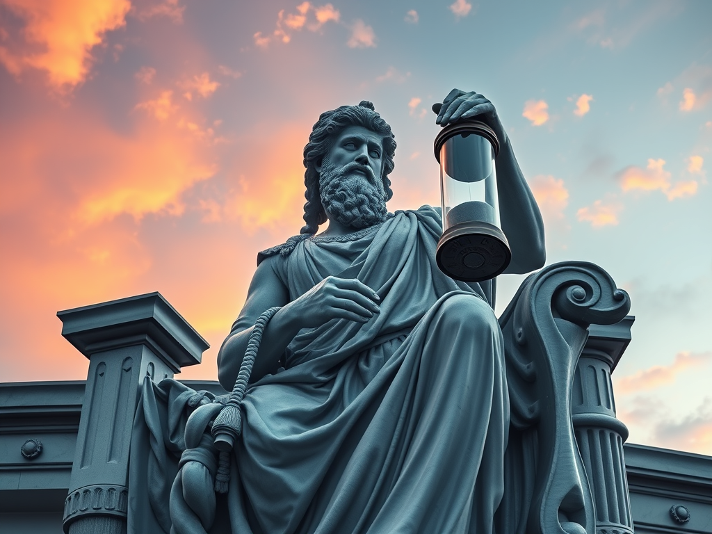 🏛️ Greek and Roman Mythology: The Hourglass and Chronos
Image Prompt: A grand marble statue of the Greek god Chronos holding an hourglass, with sand appearing to freeze in time. The sky behind shifts between day and night.