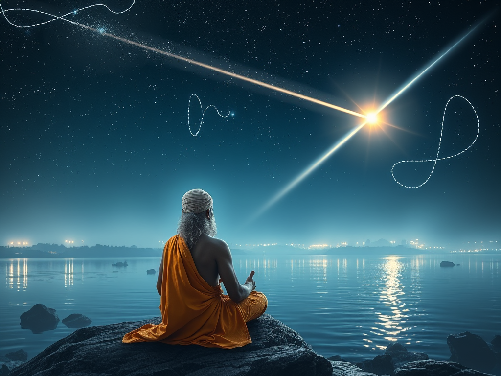The Spiritual Meanings of Shooting Stars: Wishing and Fleeting Clarity 9 Hinduism and Cosmic Messages
A Hindu sage meditating near the Ganges River under a sky filled with stars, with a luminous shooting star symbolizing divine messages from the cosmos.