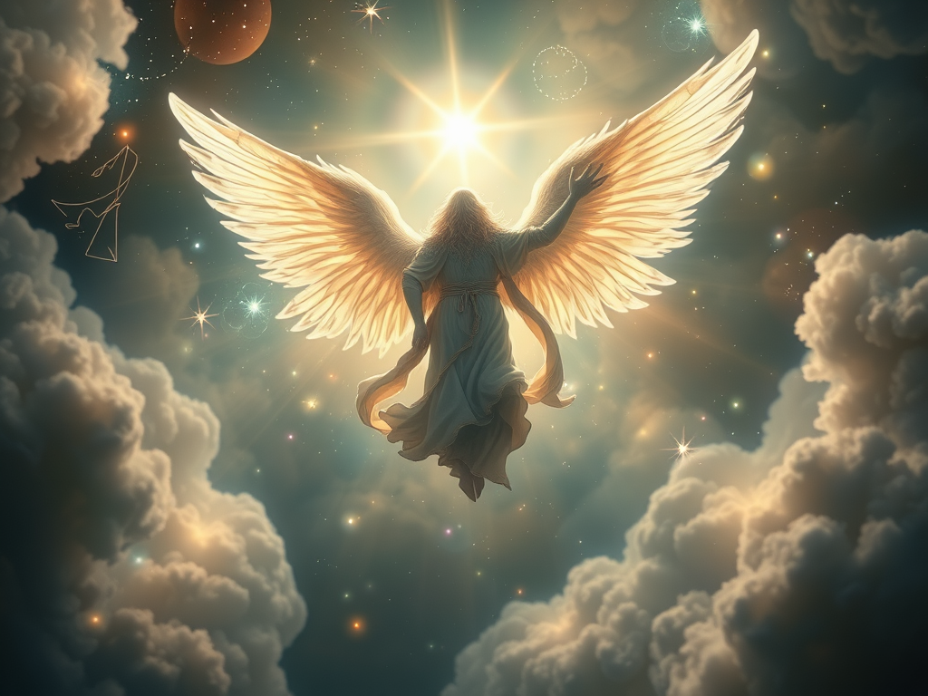Image Prompt: A celestial being flying toward a divine light with sacred symbols in the background.