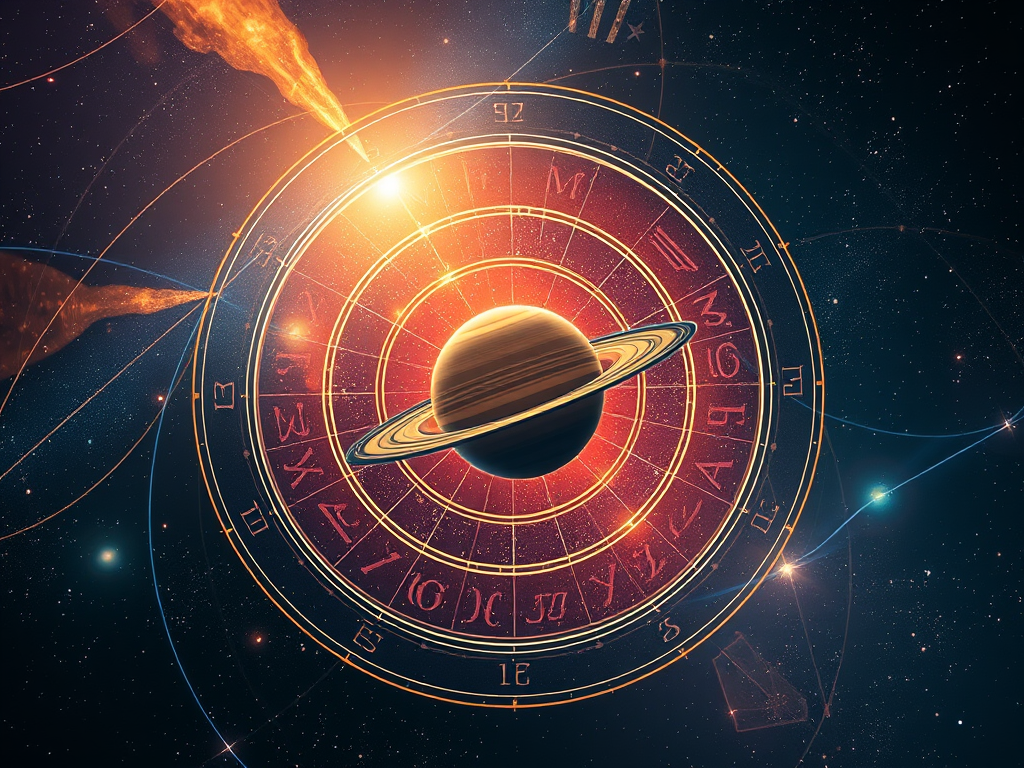 The Spiritual Meanings and the Role of Saturn in Spiritual Growth: Discipline and Transformation 5 Image Prompt: A celestial chart featuring Saturn’s position with cosmic rays symbolizing karmic influence.