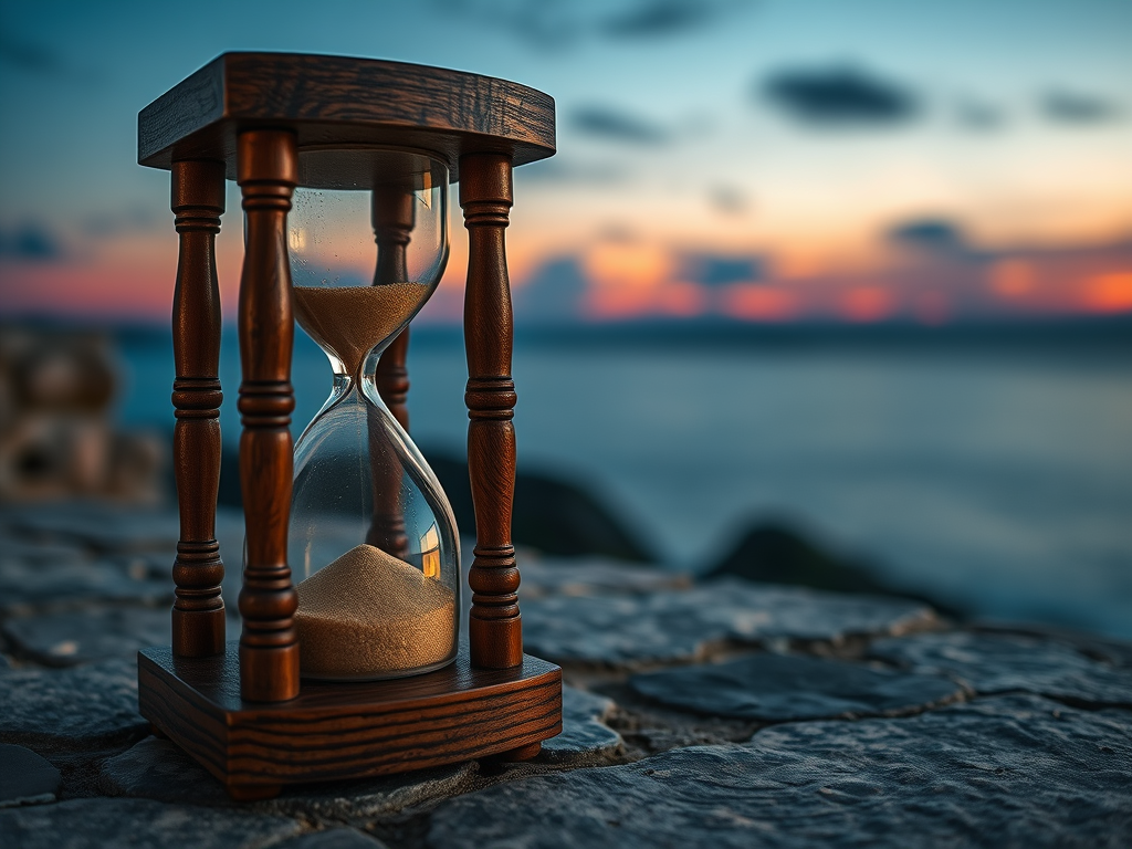 Image Prompt: A close-up of an old wooden hourglass with golden sand flowing, placed on a weathered stone table under the twilight sky. In the background, celestial symbols are faintly visible in the air, representing the passage of time.
