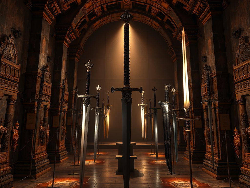 🗡️ The Spiritual Meaning of Swords: Justice, Clarity, and Power Across Cultures 11
A collection of legendary swords is displayed in a grand, ancient chamber.