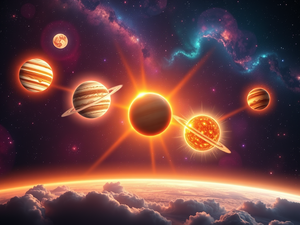 🌌 Image Prompt: A cosmic alignment of seven glowing planets in a mystical sky with radiant energy beams connecting them.