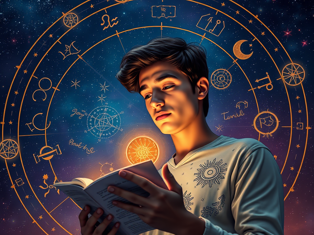 Image Prompt: A dreamer contemplating symbols in a celestial map, connecting them to their personal journey.