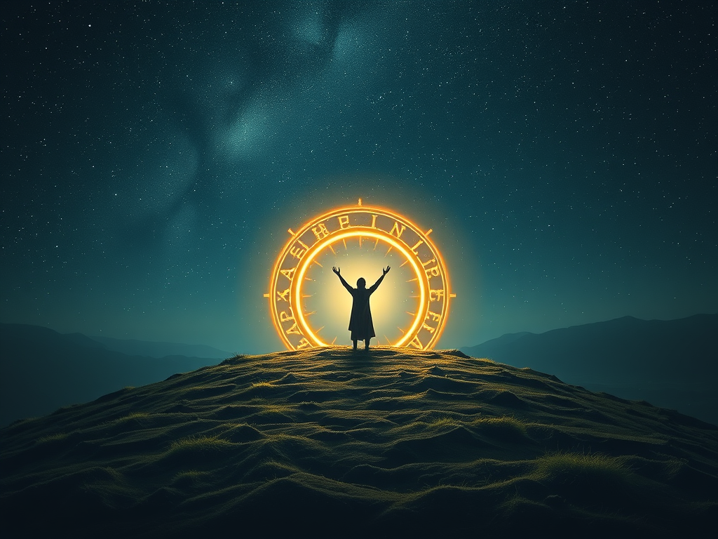 The Spiritual Meanings of Ancient Runes: Wisdom and Divination 14 Image Prompt: A glowing rune circle on a hilltop under a starry sky, with a figure standing before it, arms raised in spiritual connection.