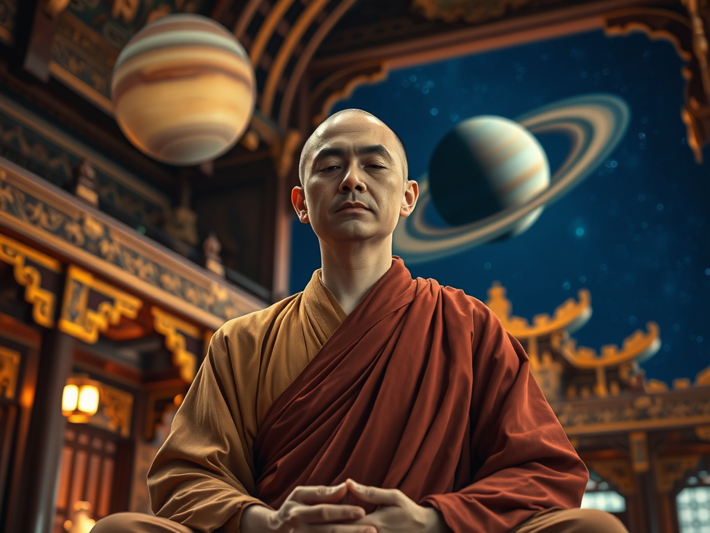 The Spiritual Meanings and the Role of Saturn in Spiritual Growth: Discipline and Transformation 6 Image Prompt: A monk meditating in a temple with Saturn in the sky above.