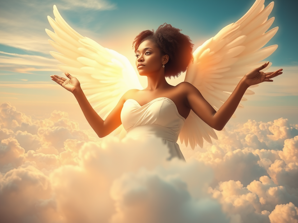 image prompt a mystical black woman angelic figure soaring above