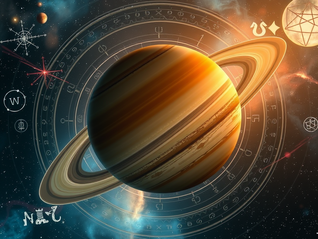 The Spiritual Meanings and the Role of Saturn in Spiritual Growth: Discipline and Transformation 4 Image Prompt: A mystical depiction of Saturn with ancient symbols surrounding it, representing different cultures.