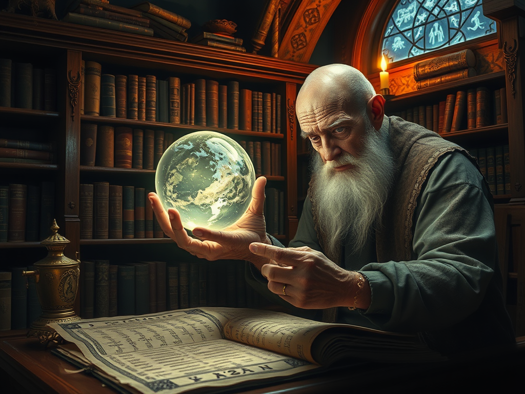 The Spiritual Meanings of Ancient Runes: Wisdom and Divination 13 Image Prompt: A mystical library with ancient rune scrolls, a crystal ball, and a wise elder reading a rune book.