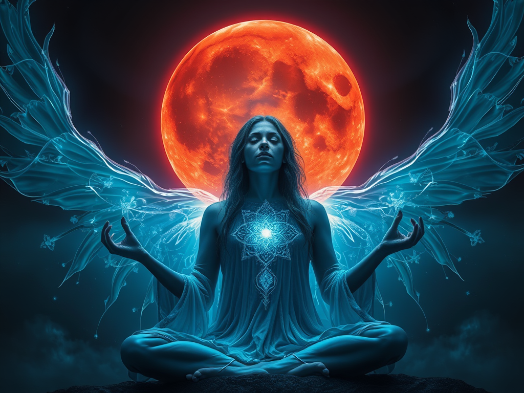 Image Prompt: A mystical representation of a woman meditating under a blood moon, her aura glowing with energy shifts.