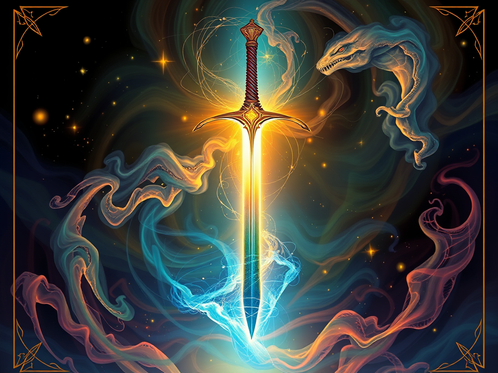 🗡️ The Spiritual Meaning of Swords: Justice, Clarity, and Power Across Cultures 9 Image Prompt
A mystical tarot card featuring a glowing sword surrounded by cosmic energy.