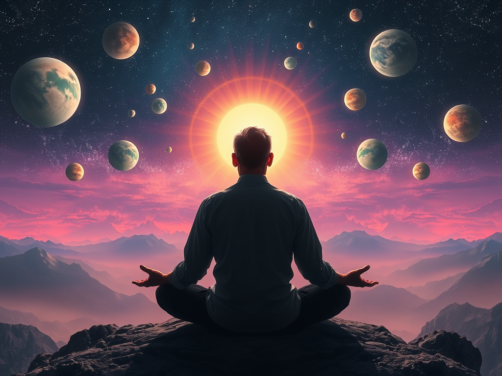 🌌 Image Prompt: A person meditating in a cosmic landscape, surrounded by glowing planetary energies.