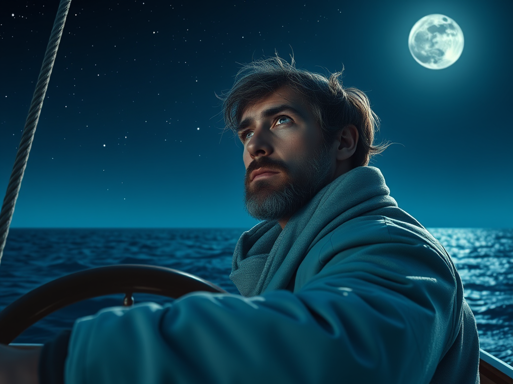 Discover the Spiritual Power of the North Star 5 📌 Image Prompt: A sailor navigating the ocean by the North Star, his face filled with determination and faith.