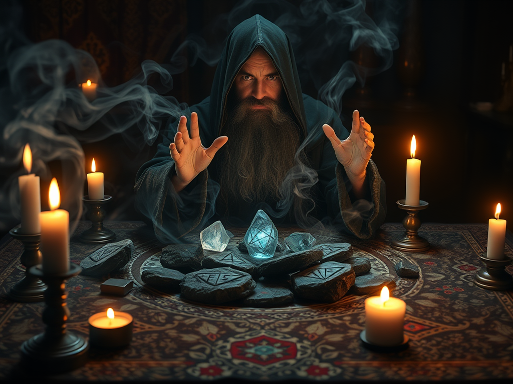 The Spiritual Meanings of Ancient Runes: Wisdom and Divination 9 Image Prompt: A seer casting rune stones onto a cloth with intricate patterns, surrounded by candles and mystical smoke.