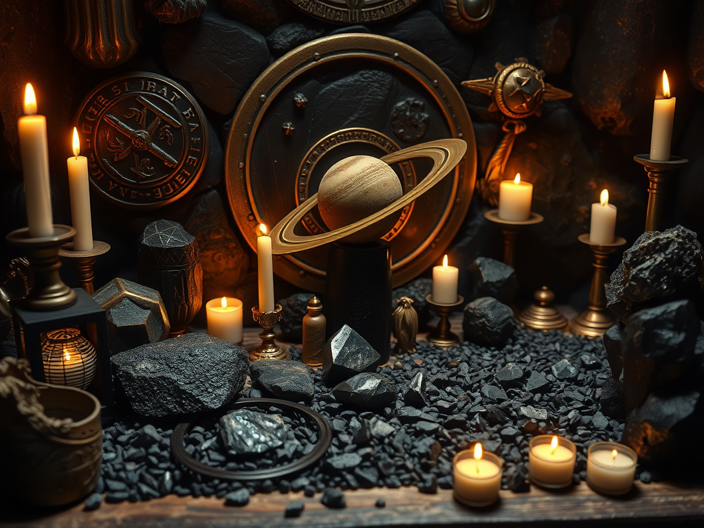 The Spiritual Meanings and the Role of Saturn in Spiritual Growth: Discipline and Transformation 9 Image Prompt: A spiritual altar with Saturn-themed elements like lead, dark crystals, and candles.