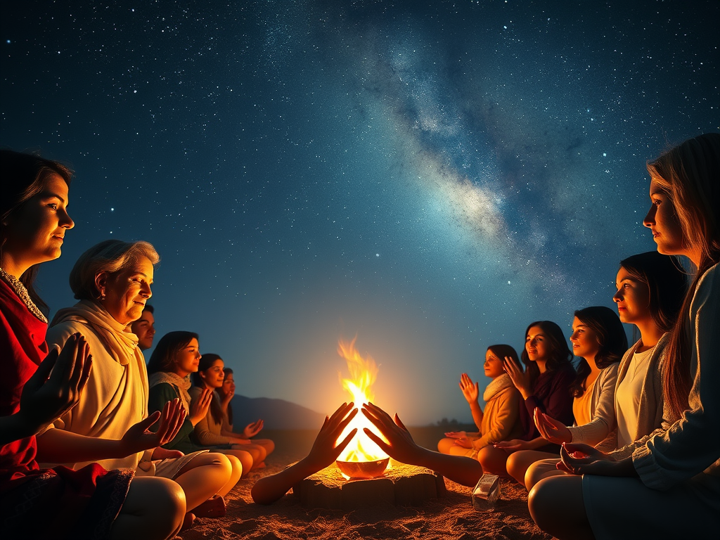 🌌 Image Prompt: A spiritual gathering under a starlit sky, with people holding hands and meditating around a sacred fire.