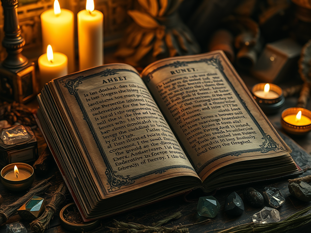 The Spiritual Meanings of Ancient Runes: Wisdom and Divination 11 Image Prompt: An ancient book of spells with rune inscriptions glowing faintly, with herbs, candles, and crystals nearby.