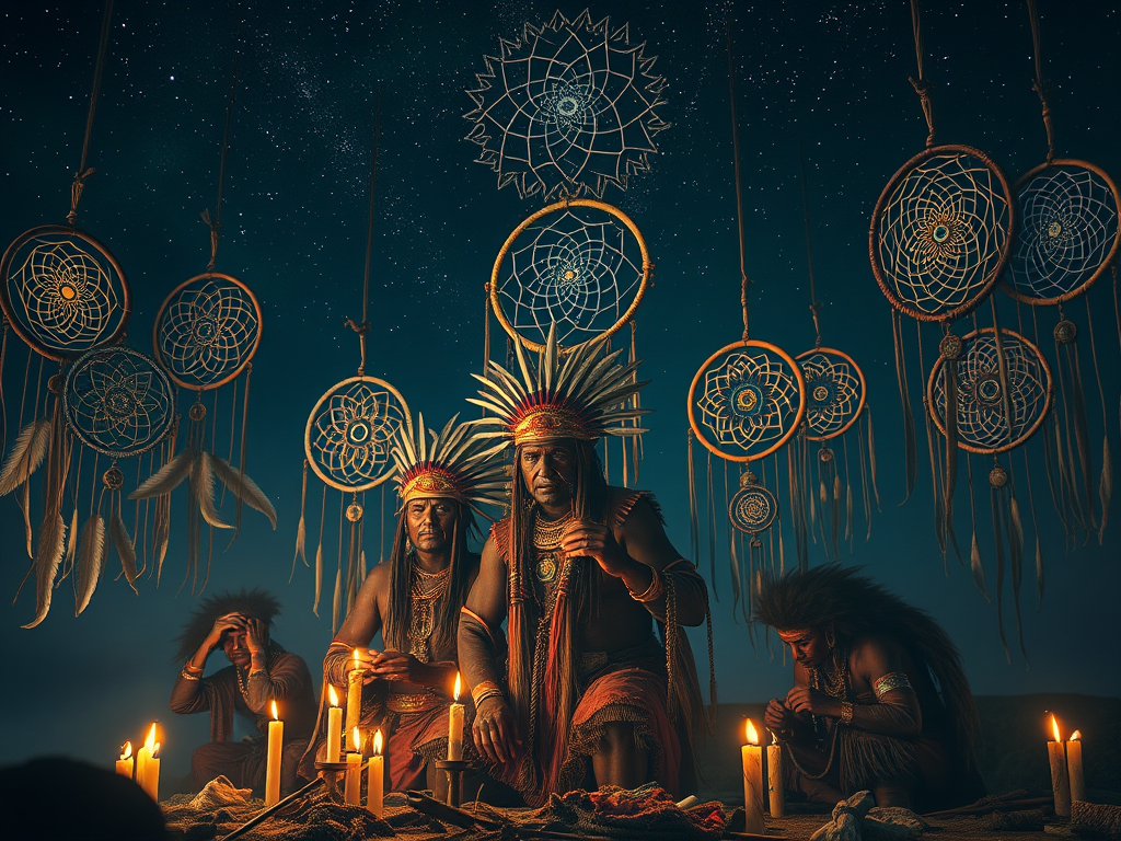Image Prompt:

Ancient tribal shamans surrounded by dreamcatchers, performing rituals under a starry sky.