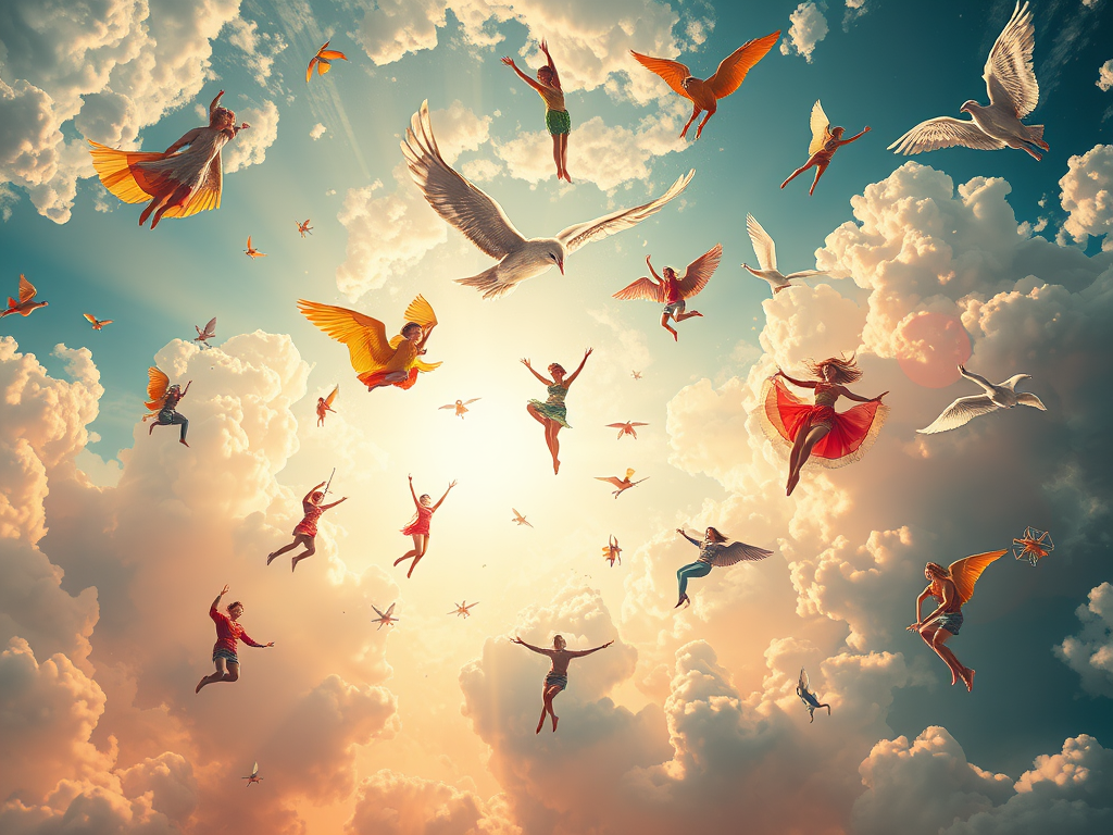 Image Prompt: Different dream scenarios showing people flying, falling, and soaring freely.