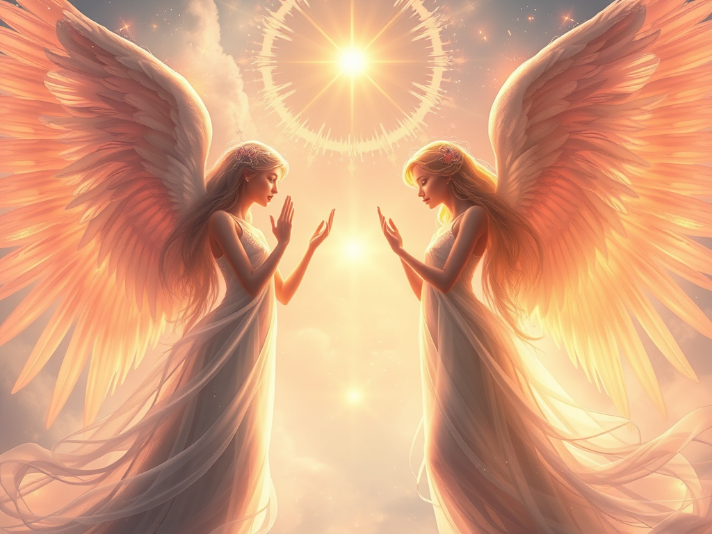 Image Prompt: Ethereal beings with radiant wings whispering guidance into the ears of humans.