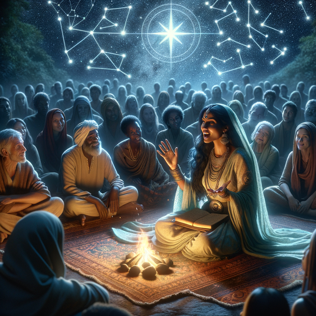 Discover the Spiritual Power of the North Star 7 📌 Image Prompt: A mystical storyteller under the night sky, sharing ancient myths about the North Star.
